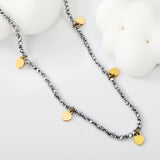 4.5*6mm Peach Heart Accessories +2mm White/Mineral Black Beads Necklace 40+5cm+6mm Round Plaque Gold Color