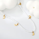 4*6.5mm moon accessories + 2mm white/mineral black beads necklace 40+5cm+6mm round plate Gold color