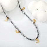 4*6.5mm moon accessories + 2mm white/mineral black beads necklace 40+5cm+6mm round plate Gold color