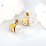 8mm square with white oil drop daisy + 12mm pearl stud earrings gold color