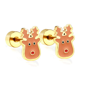 Screw plug Christmas deer head mixed color stud earrings