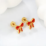 Screw plug 0.8*8mm pin bow with red oil drip earrings 8.8*8mm gold color