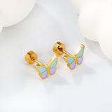 Screw plug 0.8*8mm needle butterfly with mixed color oil drip earrings 8.6*6.4mm gold color