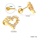 Steel ball screw-in heart shaped hoop earrings with white diamonds 11.2*10mm