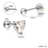 Steel ball screw-in heart shaped earrings with white diamonds 6*6.8mm