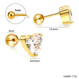 Steel ball screw-in heart shaped earrings with white diamonds 6*6.8mm