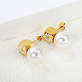 8mm square with white oil drop daisy + 12mm pearl stud earrings gold color