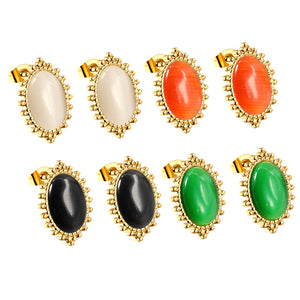 Loose Bead Edge Oval with White / Black / Red / Green Cat's Eye Stones Earrings 14.8*21mm