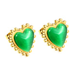 Loose Bead Edge Heart with White / Black / Red / Green Cat's Eye Stones Earrings 17.8*17.5mm