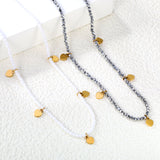 4.5*6mm Peach Heart Accessories +2mm White/Mineral Black Beads Necklace 40+5cm+6mm Round Plaque Gold Color