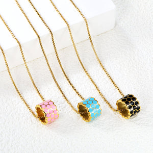 Thick 1.5*Wide 8.5*High 12mm Hollow Cylinder with Black/Pink/Blue Oil Drip Snake Pendant Necklace 1.2 Square Pearls Chain 40+5cm+6mm Round Piece Gold Color