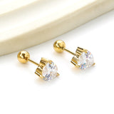 Steel ball screw-in heart shaped earrings with white diamonds 6*6.8mm