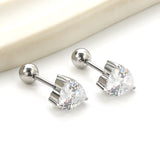 Steel ball screw-in heart shaped earrings with white diamonds 6*6.8mm