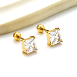 Steel Bead Screwback Square Stud Earrings with White Diamonds 6.9mm