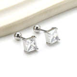 Steel Bead Screwback Square Stud Earrings with White Diamonds 6.9mm