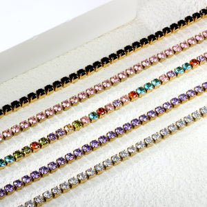 2mm/3mm round purple/pink/mixed/black crystal/white zirconium clasp bracelet 17cm steel/gold color