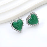 Loose Bead Edge Heart with White / Black / Red / Green Cat's Eye Stones Earrings 17.8*17.5mm