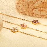 9.3*8.9mm Five Petal Flower with Round White/Purple/Pink Zirconium Bracelet 17+3cm+6mm Round End Tag Gold