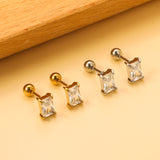 Steel ball screw-in rectangular earrings with white diamonds 5.2*7.2mm