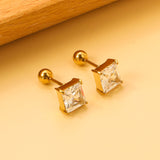 Steel Bead Screwback Square Stud Earrings with White Diamonds 6.9mm