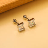 Steel Bead Screwback Square Stud Earrings with White Diamonds 6.9mm