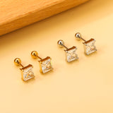 Steel Bead Screwback Square Stud Earrings with White Diamonds 6.9mm