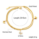 1 Butterfly with White Clay Diamonds + 2 Butterflies 8.7*7.4mm with Chain Double Chain Anklet 23+23+5cm Golden