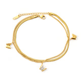 1 Butterfly with White Clay Diamonds + 2 Butterflies 8.7*7.4mm with Chain Double Chain Anklet 23+23+5cm Golden