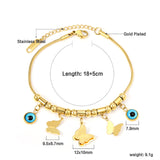 3 large and small butterflies 12*10mm+2 round blue eye pendants 8mm+10 round pass beads+5 round pass posts Bracelet 18+5cm Gold color