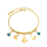 3 large and small butterflies 12*10mm+2 round blue eye pendants 8mm+10 round pass beads+5 round pass posts Bracelet 18+5cm Gold color