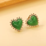 Loose Bead Edge Heart with White / Black / Red / Green Cat's Eye Stones Earrings 17.8*17.5mm