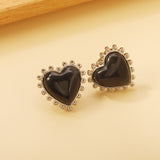 Loose Bead Edge Heart with White / Black / Red / Green Cat's Eye Stones Earrings 17.8*17.5mm