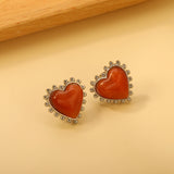 Loose Bead Edge Heart with White / Black / Red / Green Cat's Eye Stones Earrings 17.8*17.5mm