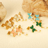 7.8*11mm Butterfly with cut corrosion surface/white shell/pink/light blue/green oil drops + 4mm freshwater pearl earrings Gold color