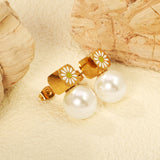 8mm square with white oil drop daisy + 12mm pearl stud earrings gold color