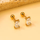 Steel ball screw-in rectangular earrings with white diamonds 5.2*7.2mm