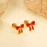 Screw plug 0.8*8mm pin bow with red oil drip earrings 8.8*8mm gold color