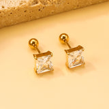 Steel Bead Screwback Square Stud Earrings with White Diamonds 6.9mm