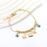 3 large and small butterflies 12*10mm+2 round blue eye pendants 8mm+10 round pass beads+5 round pass posts Bracelet 18+5cm Gold color