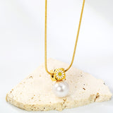 8mm chamfered square+12mm pearl pendant necklace cross chain 40+5cm+6mm round plaque gold color