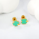 Screw plug 0.8*8mm pin 6.3*7.3mm lucky grass with green oil drop earrings gold color