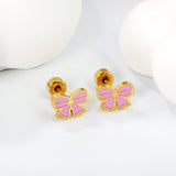 Screw plug 0.8*8mm needle 8*6mm bow with pink and purple drop earrings gold color