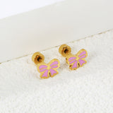 Screw plug 0.8*8mm needle 8*6mm bow with pink and purple drop earrings gold color