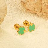 Screw plug 0.8*8mm pin 6.3*7.3mm lucky grass with green oil drop earrings gold color