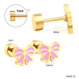 Screw plug 0.8*8mm needle 8*6mm bow with pink and purple drop earrings gold color