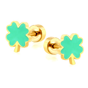 Screw plug 0.8*8mm pin 6.3*7.3mm lucky grass with green oil drop earrings gold color