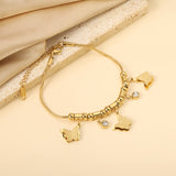 3 Butterflies 12*10mm+2 Round White Diamond Pendants 5mm+10 Round Beads+5 Round Pillars Bracelet 18+5cm Golden