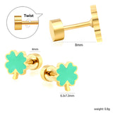 Screw plug 0.8*8mm pin 6.3*7.3mm lucky grass with green oil drop earrings gold color