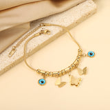 3 large and small butterflies 12*10mm+2 round blue eye pendants 8mm+10 round pass beads+5 round pass posts Bracelet 18+5cm Gold color