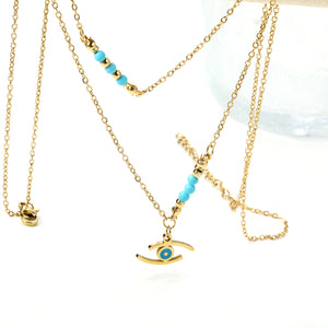 Lake blue eyes accessories 17.8*7.6mm+6 lake blue beads 3.2mm+4 steel beads 3mm with chain double chain 45+38+5cm